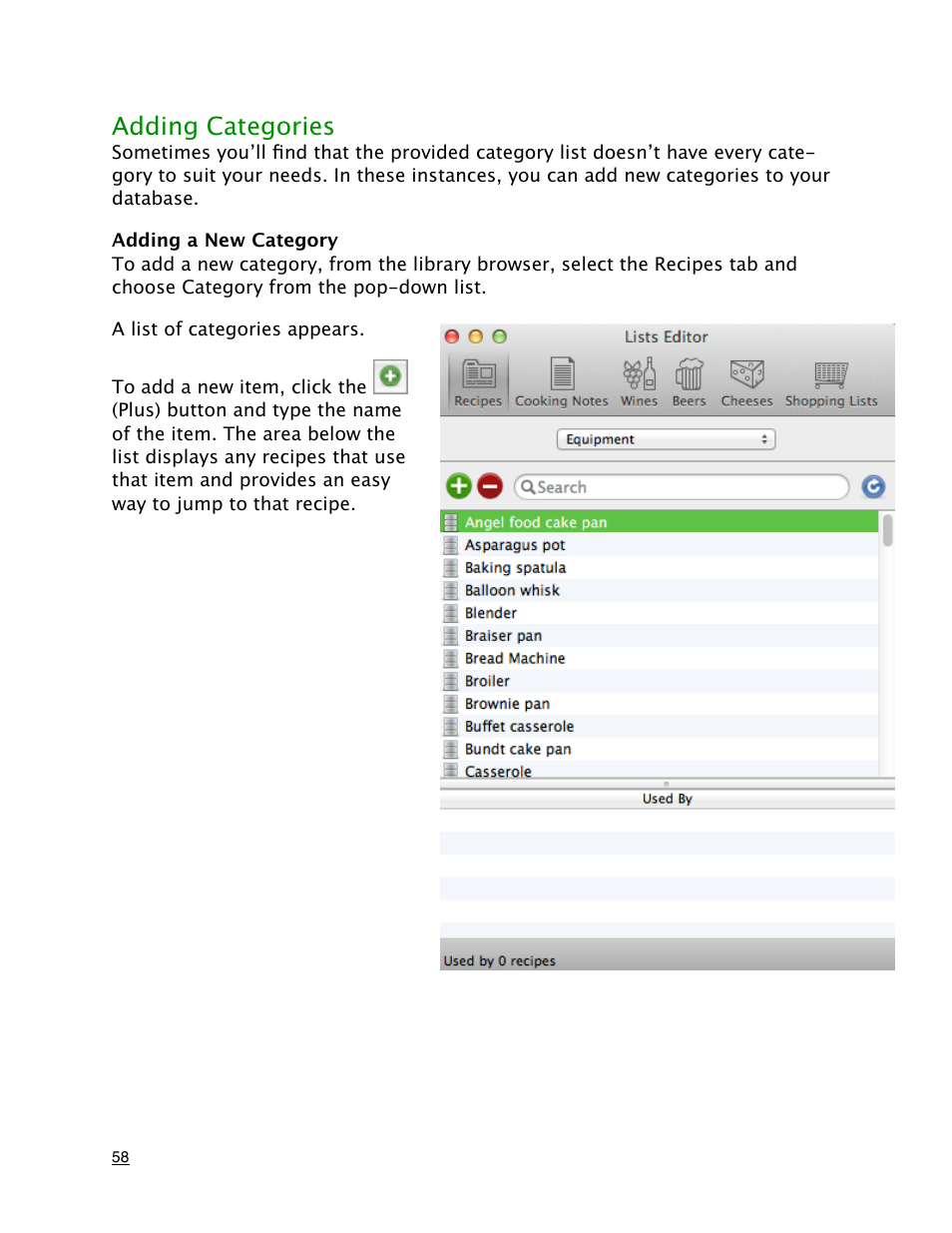 Adding a new category, Adding categories | Mariner Software MacGourmet User Manual | Page 58 / 67