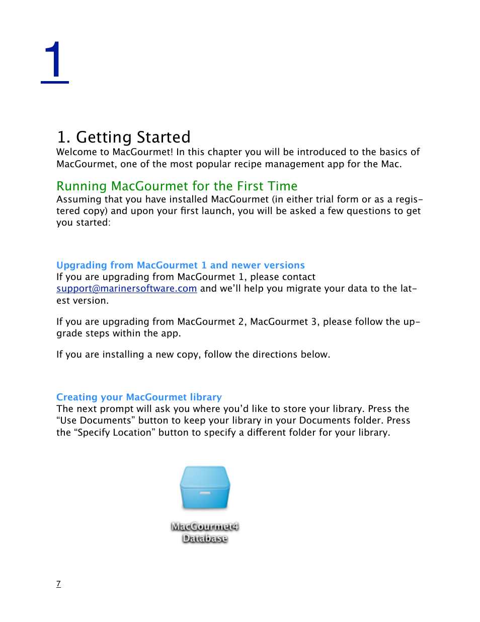 Getting started, Upgrading from macgourmet 1 and newer versions, Creating your macgourmet library | Mariner Software MacGourmet User Manual | Page 7 / 67