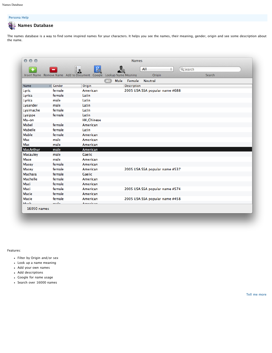 Helptopic13, Names database | Mariner Software Persona for Mac User Manual | Page 23 / 35