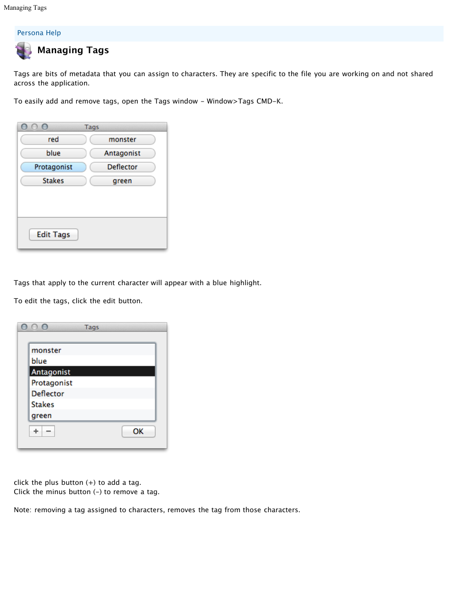 Helptopic14, Managing tags | Mariner Software Persona for Mac User Manual | Page 24 / 35