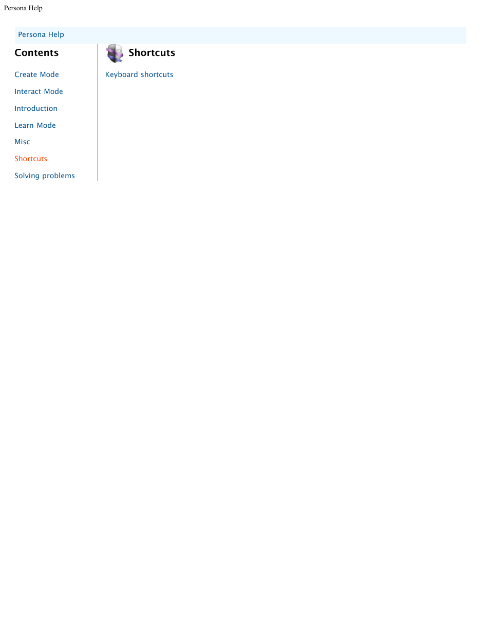 Helpcategoryshortcuts, Persona help, Shortcuts | Mariner Software Persona for Mac User Manual | Page 9 / 35