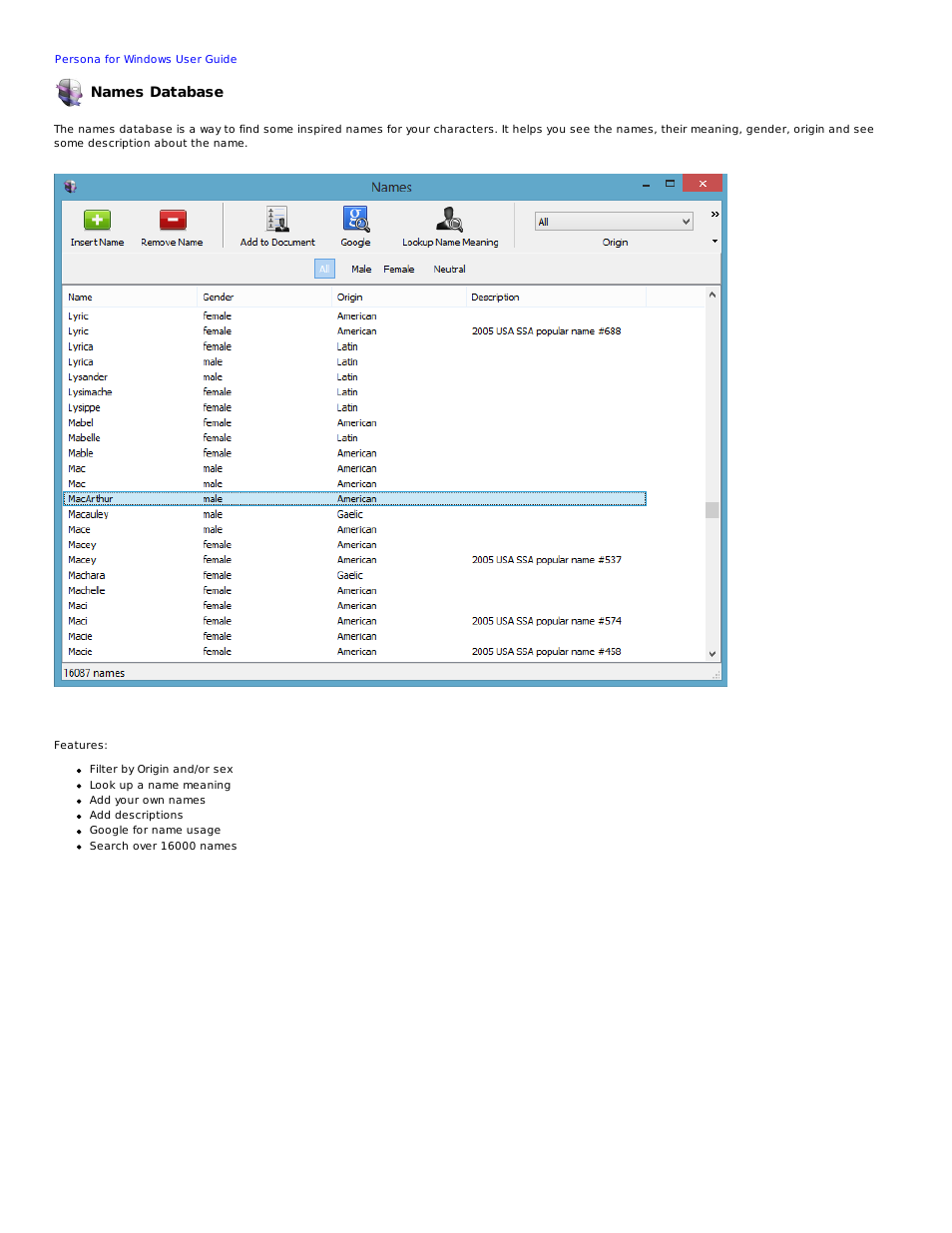 Names database | Mariner Software Persona for Windows User Manual | Page 11 / 34
