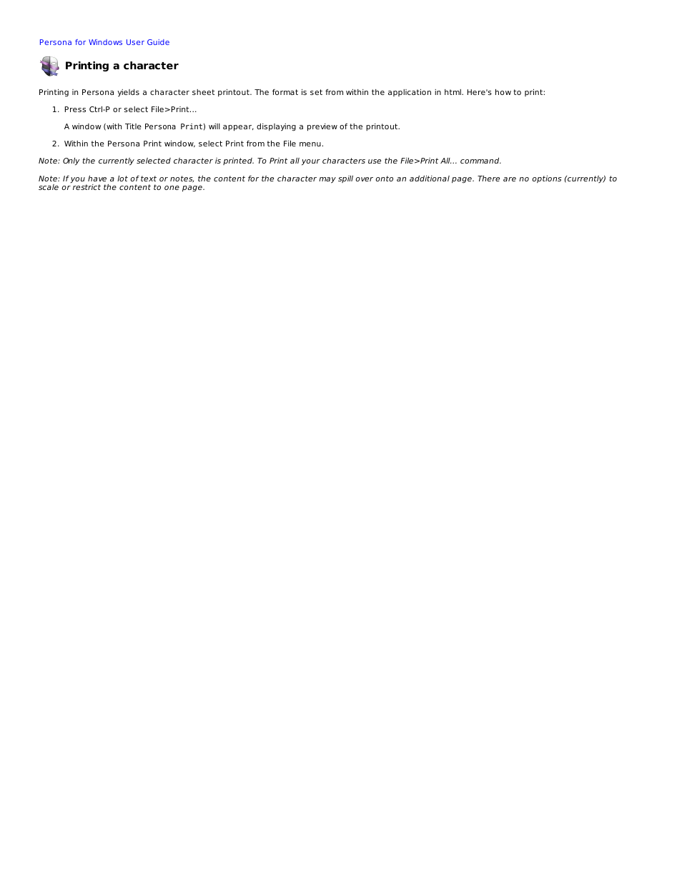 Printing a character | Mariner Software Persona for Windows User Manual | Page 18 / 34