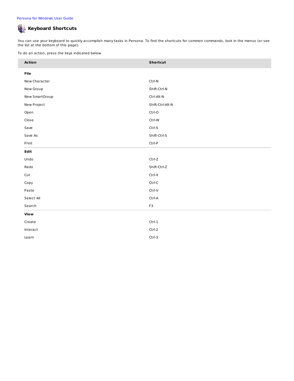 Keyboard shortcuts | Mariner Software Persona for Windows User Manual | Page 23 / 34