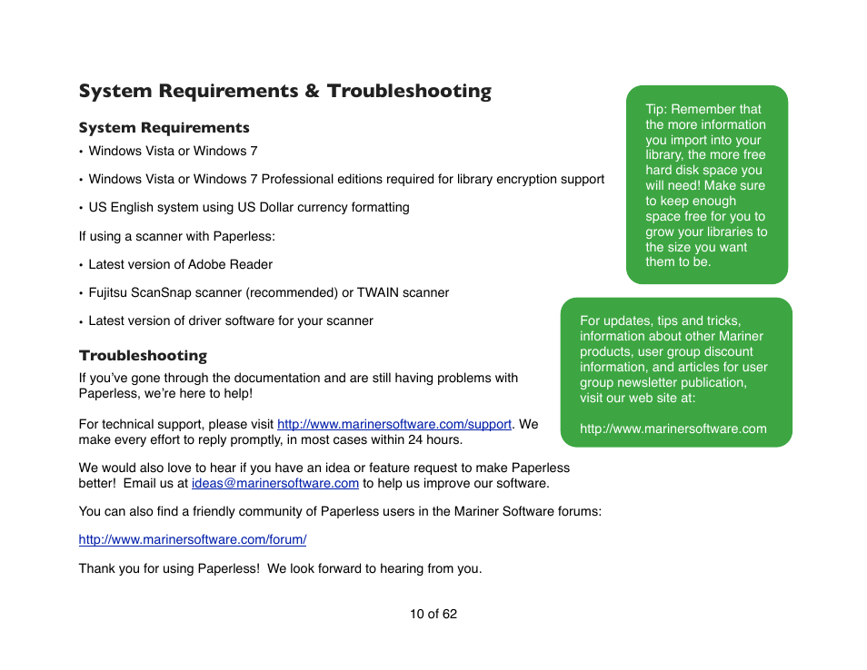System requirements & troubleshooting, System requirements, Troubleshooting | Mariner Software Narrator for Windows User Manual | Page 10 / 62