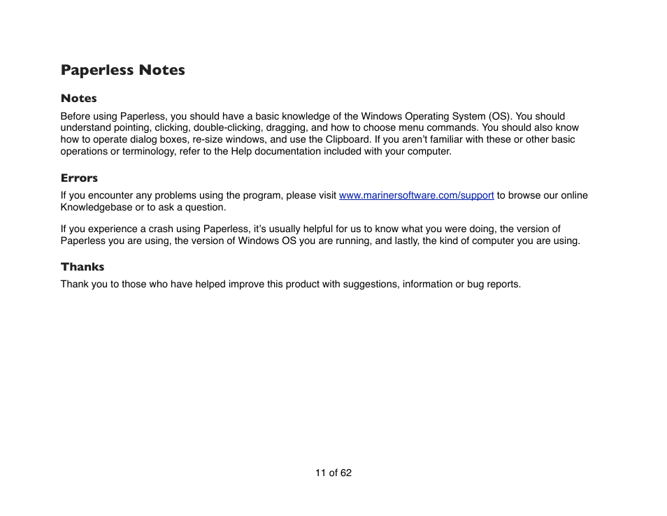 Paperless notes, Notes, Errors | Thanks | Mariner Software Narrator for Windows User Manual | Page 11 / 62