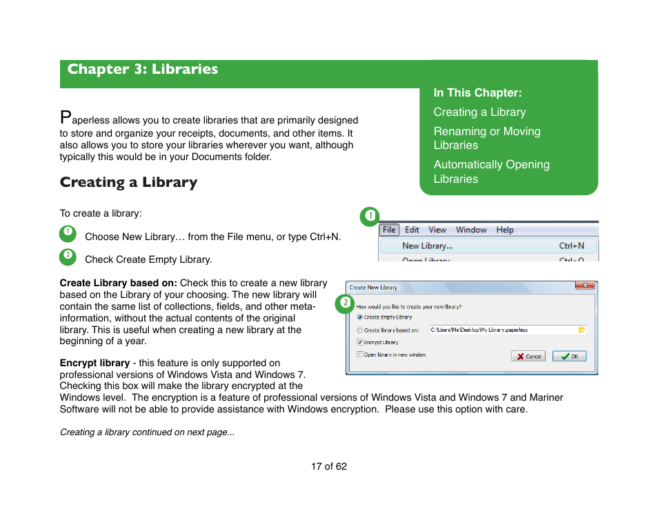 Chapter 3: libraries, Creating a library to create a library, Creating a library | Mariner Software Narrator for Windows User Manual | Page 17 / 62