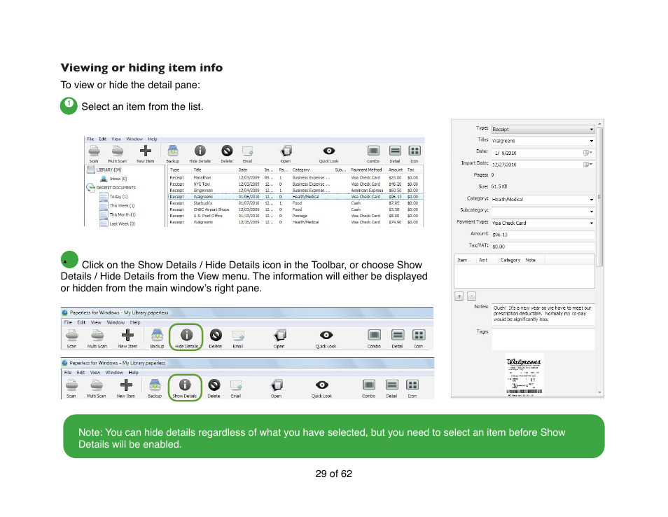 Viewing or hiding item info | Mariner Software Narrator for Windows User Manual | Page 29 / 62