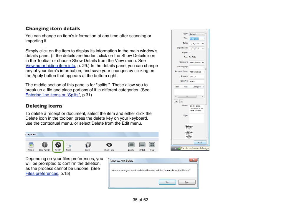 Changing item details, Deleting items | Mariner Software Narrator for Windows User Manual | Page 35 / 62