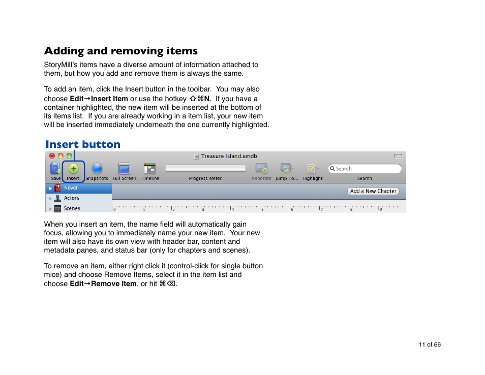 Adding and removing items, Insert button | Mariner Software StoryMill for Mac User Manual | Page 11 / 66