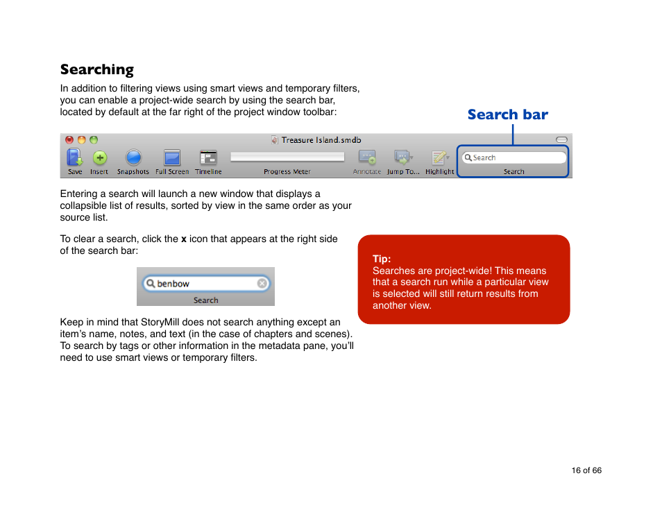 Searching, Search bar | Mariner Software StoryMill for Mac User Manual | Page 16 / 66