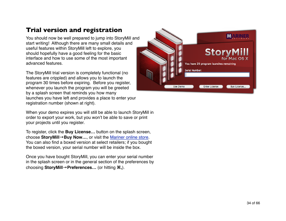 Trial version and registration | Mariner Software StoryMill for Mac User Manual | Page 34 / 66