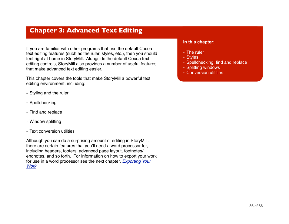 Chapter 3: advanced text editing | Mariner Software StoryMill for Mac User Manual | Page 36 / 66
