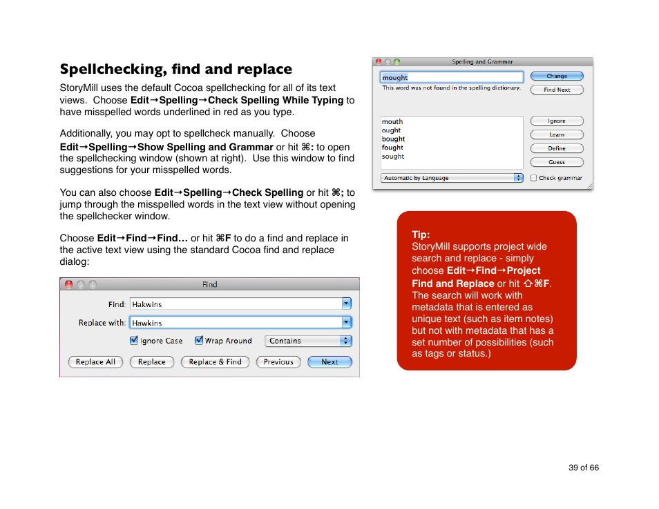 Spellchecking, find and replace | Mariner Software StoryMill for Mac User Manual | Page 39 / 66