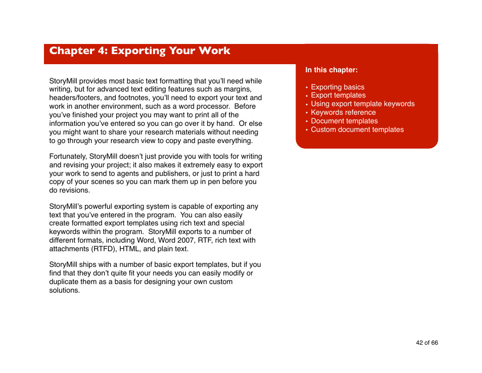 Chapter 4: exporting your work, Exporting your, Work | Mariner Software StoryMill for Mac User Manual | Page 42 / 66