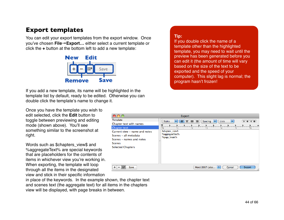 Export templates | Mariner Software StoryMill for Mac User Manual | Page 44 / 66