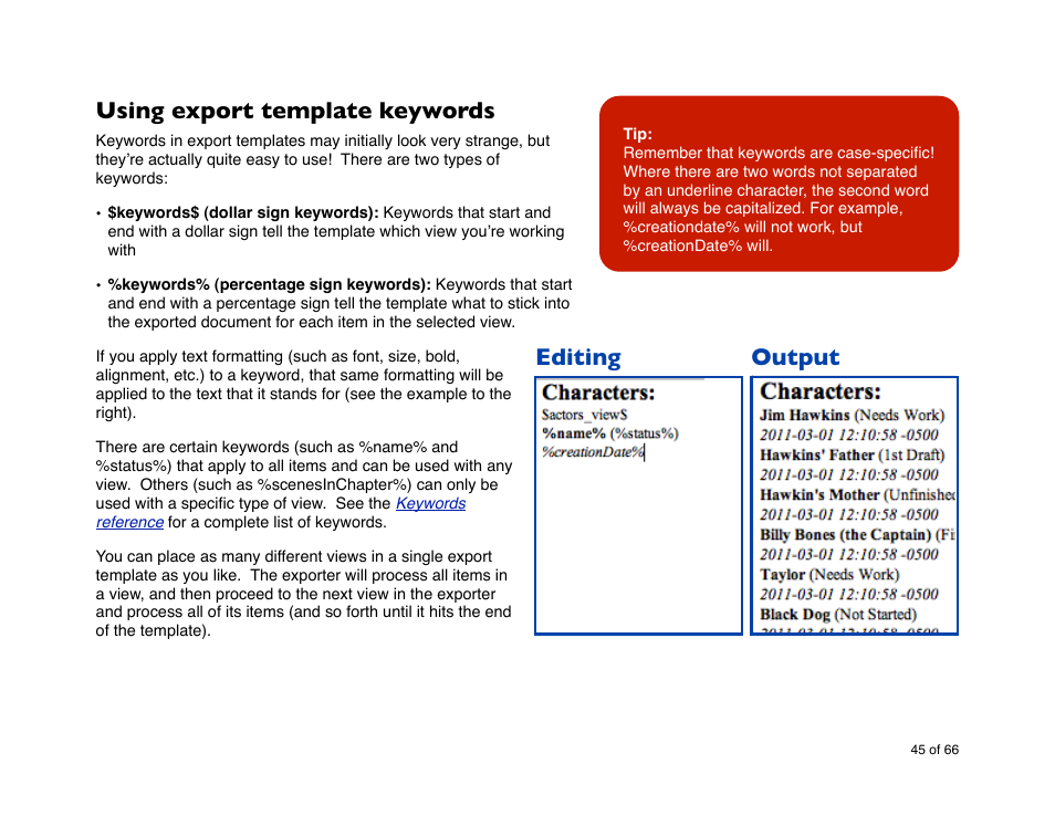 Using export template keywords, Editing output | Mariner Software StoryMill for Mac User Manual | Page 45 / 66
