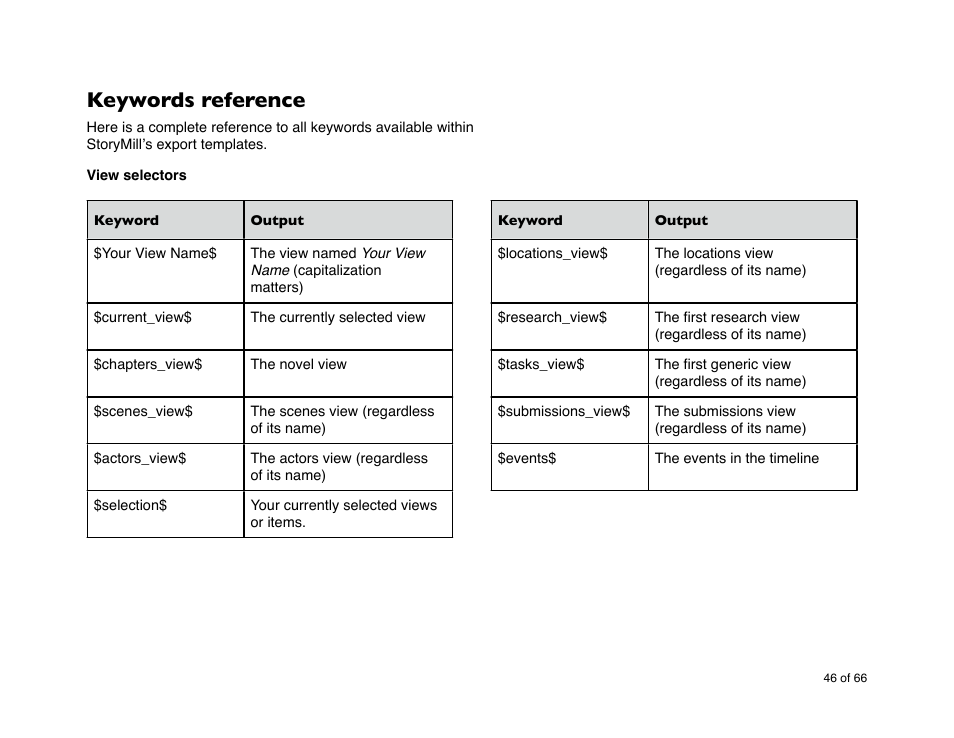 Keywords reference, Keywords, Reference | Mariner Software StoryMill for Mac User Manual | Page 46 / 66