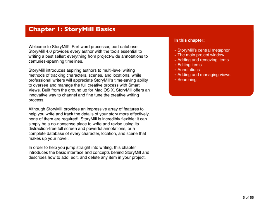 Chapter 1: storymill basics | Mariner Software StoryMill for Mac User Manual | Page 5 / 66