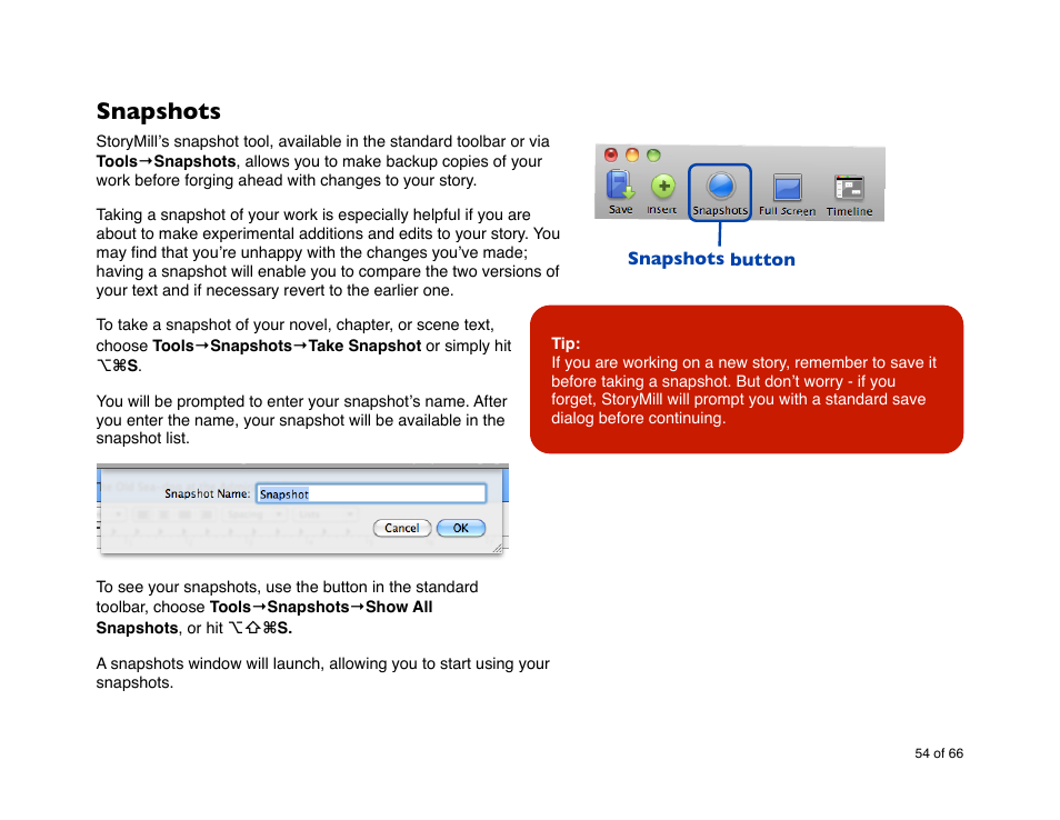 Snapshots | Mariner Software StoryMill for Mac User Manual | Page 54 / 66