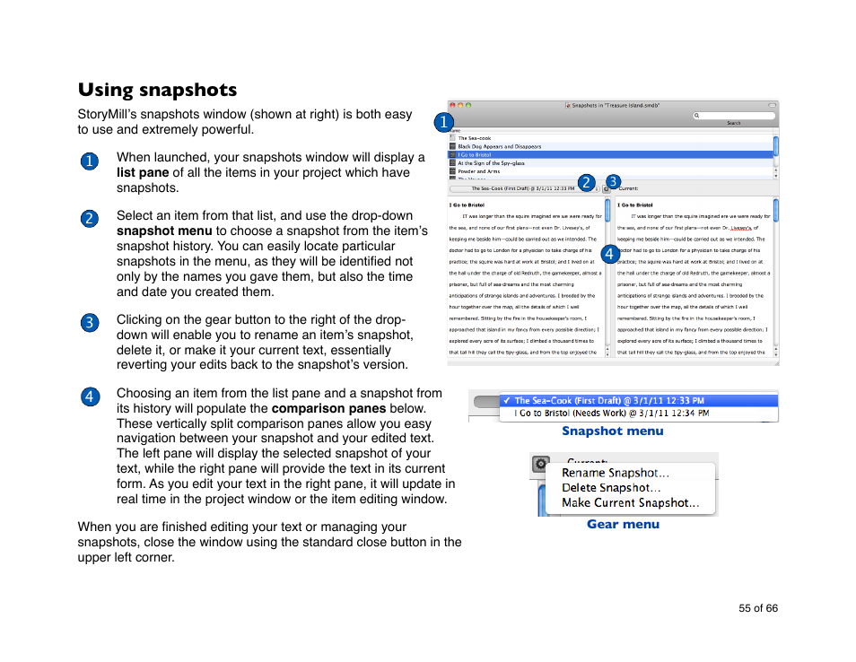 Using snapshots | Mariner Software StoryMill for Mac User Manual | Page 55 / 66