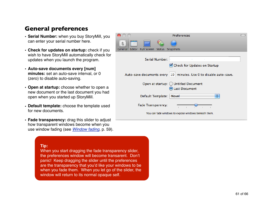General preferences | Mariner Software StoryMill for Mac User Manual | Page 61 / 66