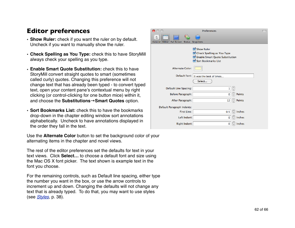 Editor preferences | Mariner Software StoryMill for Mac User Manual | Page 62 / 66