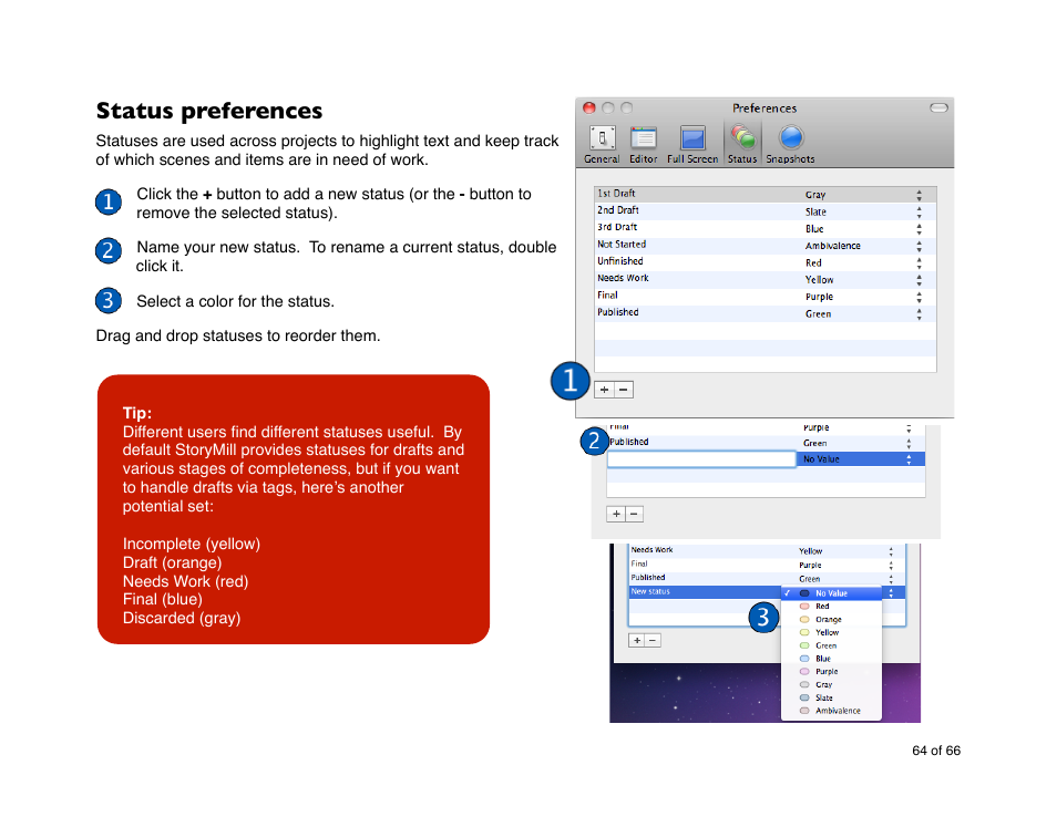 Status preferences | Mariner Software StoryMill for Mac User Manual | Page 64 / 66