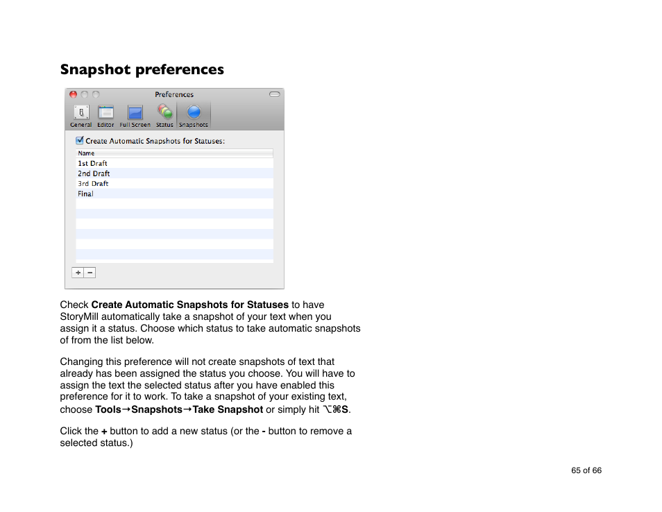 Snapshot preferences, Snapshots preferences | Mariner Software StoryMill for Mac User Manual | Page 65 / 66