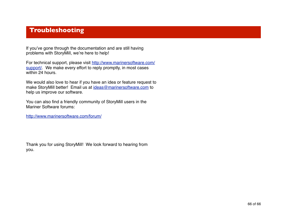 Troubleshooting | Mariner Software StoryMill for Mac User Manual | Page 66 / 66