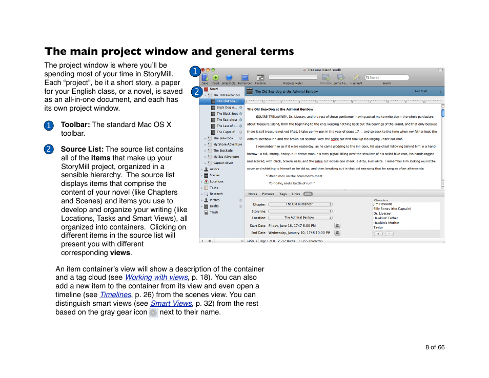 The main project window and general terms, The main project window | Mariner Software StoryMill for Mac User Manual | Page 8 / 66