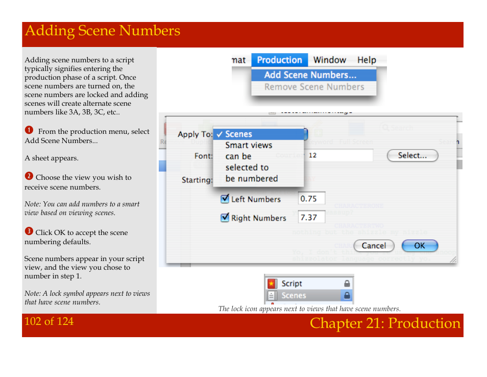 Adding scene numbers, Chapter 21: production | Mariner Software Montage for Mac User Manual | Page 102 / 124