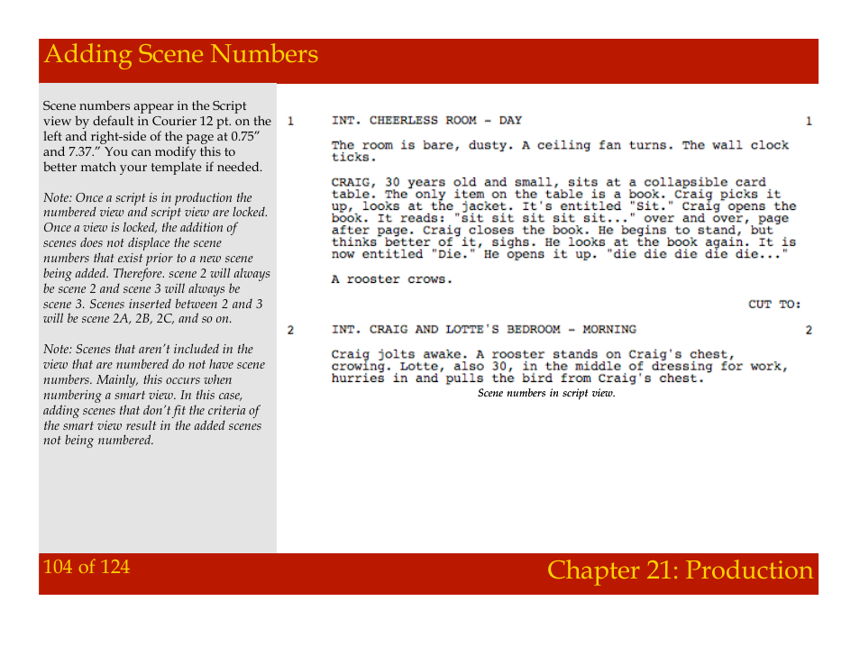 Adding scene numbers, Chapter 21: production adding scene numbers, Chapter 21: production | Mariner Software Montage for Mac User Manual | Page 104 / 124
