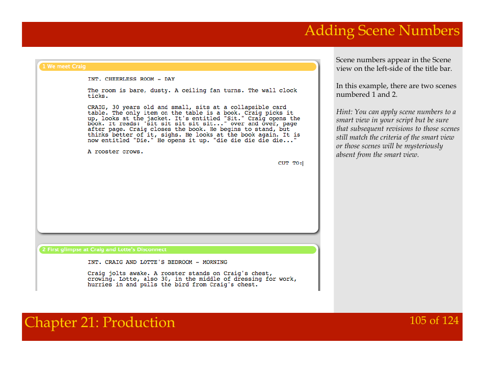 Adding scene numbers, Chapter 21: production adding scene numbers, Chapter 21: production | Mariner Software Montage for Mac User Manual | Page 105 / 124