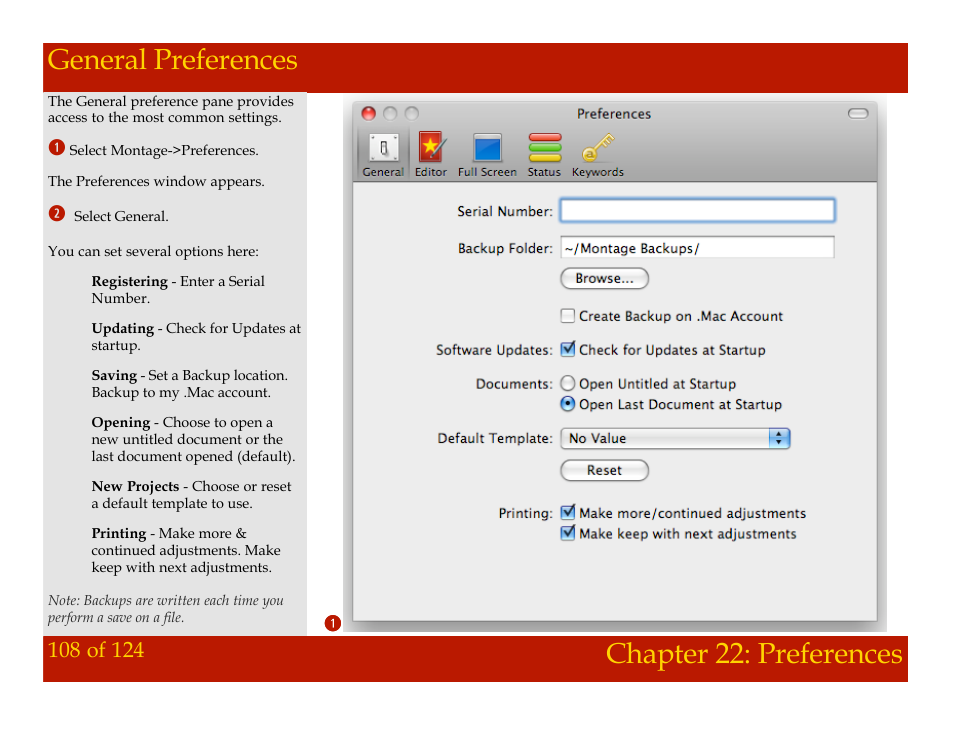 General preferences, Chapter 22: preferences general preferences, Chapter 22: preferences | Mariner Software Montage for Mac User Manual | Page 108 / 124