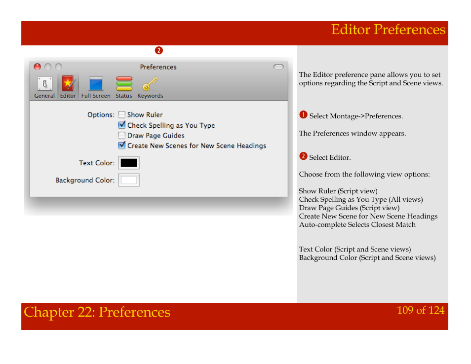 Editor preferences, Chapter 22: preferences editor preferences, Chapter 22: preferences | Mariner Software Montage for Mac User Manual | Page 109 / 124