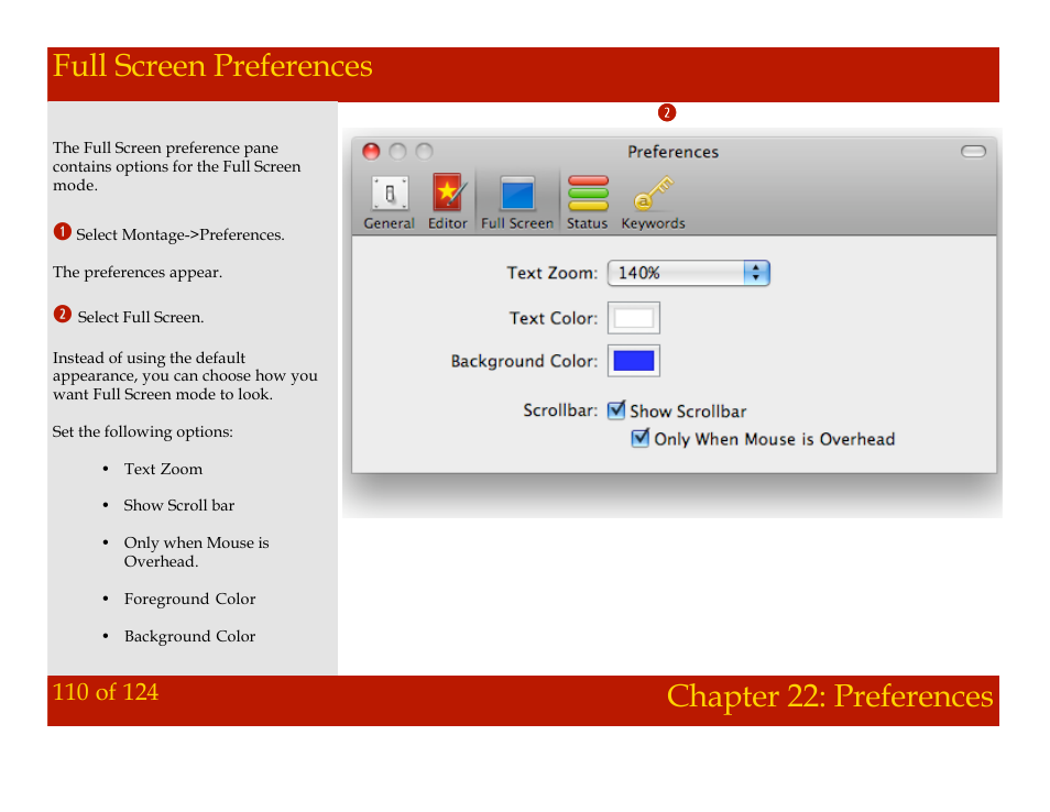 Full screen preferences, Chapter 22: preferences full screen preferences, Chapter 22: preferences | Mariner Software Montage for Mac User Manual | Page 110 / 124