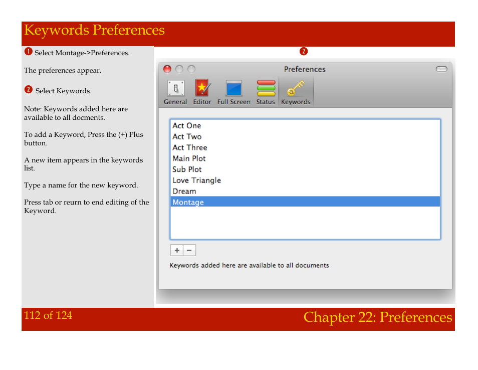 Keywords preferences, Chapter 22: preferences keywords preferences, Chapter 22: preferences | Mariner Software Montage for Mac User Manual | Page 112 / 124