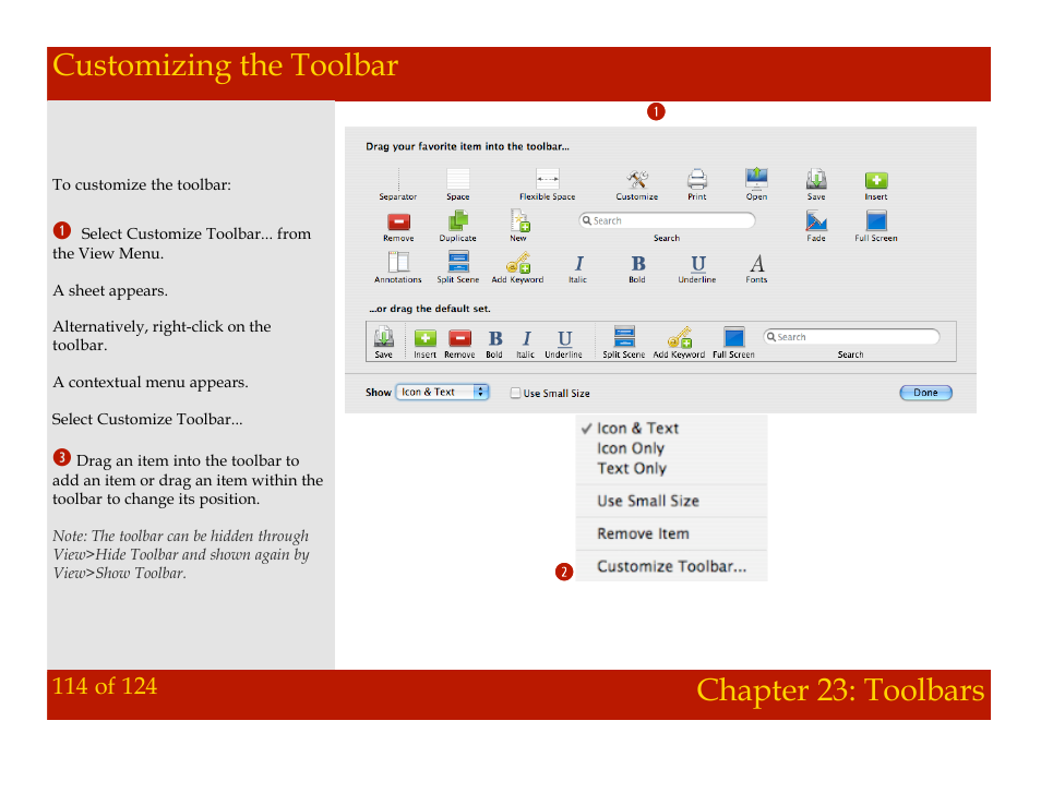 Customizing the toolbar, Chapter 23: toolbars customizing the toolbar, Chapter 23: toolbars | Mariner Software Montage for Mac User Manual | Page 114 / 124