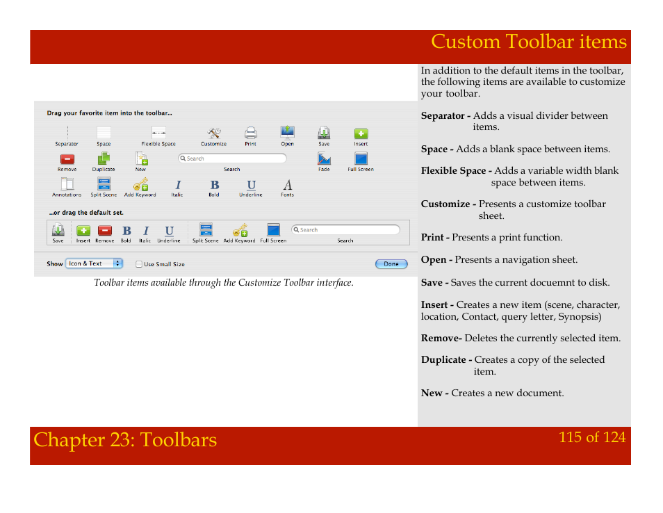 Custom toolbar items, Chapter 23: toolbars | Mariner Software Montage for Mac User Manual | Page 115 / 124