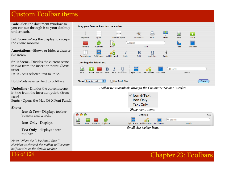 Custom toolbar items, Chapter 23: toolbars custom toolbar items, Chapter 23: toolbars | Mariner Software Montage for Mac User Manual | Page 116 / 124