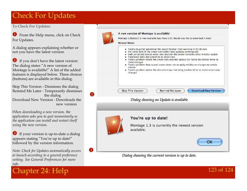 Check for updates, Chapter 24: help check for updates, Chapter 24: help | Mariner Software Montage for Mac User Manual | Page 123 / 124