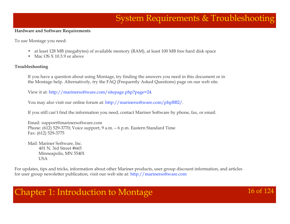 System requirements & troubleshooting, Chapter 1: introduction to montage | Mariner Software Montage for Mac User Manual | Page 16 / 124