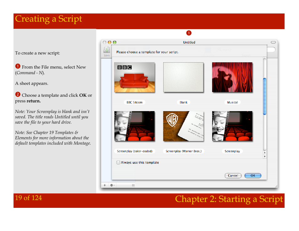 Creating a script, Chapter 2: starting a script creating a script, Chapter 2: starting a script | Mariner Software Montage for Mac User Manual | Page 19 / 124