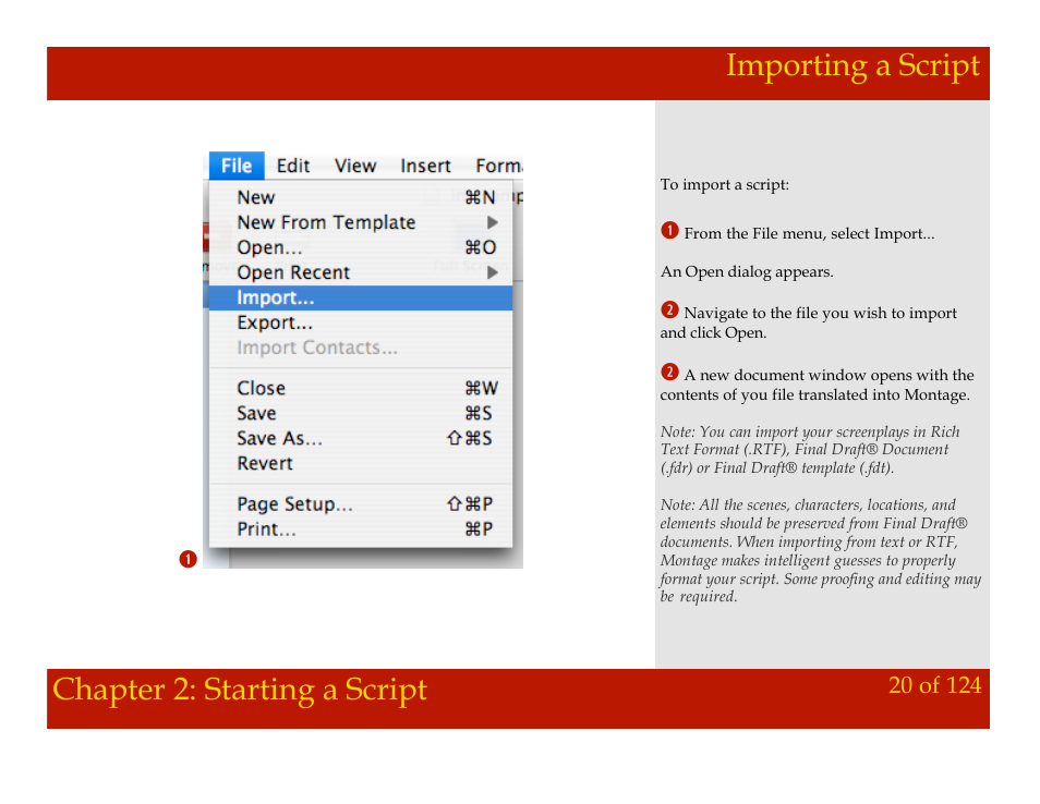 Importing a script, Chapter 2: starting a script importing a script, Chapter 2: starting a script | Mariner Software Montage for Mac User Manual | Page 20 / 124
