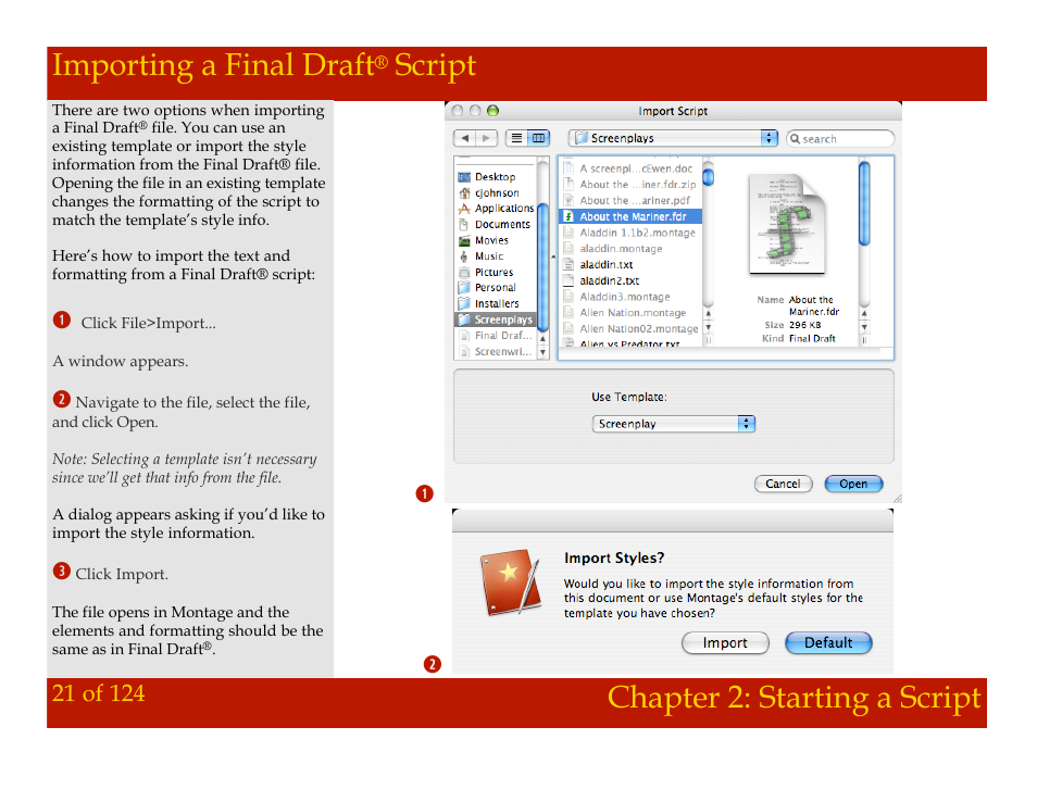 Importing a final draft, Script, Chapter 2: starting a script | Mariner Software Montage for Mac User Manual | Page 21 / 124