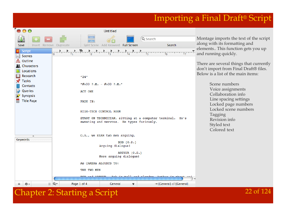Importing a final draft, Script, Chapter 2: starting a script | Mariner Software Montage for Mac User Manual | Page 22 / 124