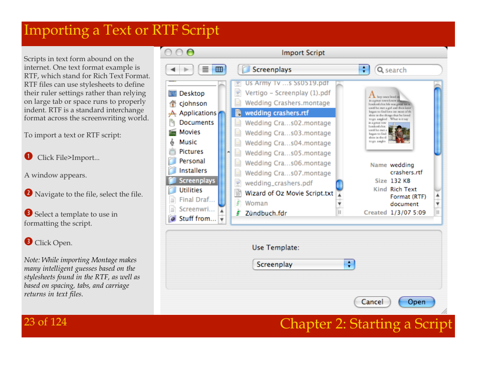 Importing a text or rtf script, Chapter 2: starting a script | Mariner Software Montage for Mac User Manual | Page 23 / 124