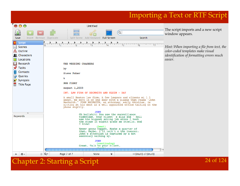 Importing a text or rtf script, Chapter 2: starting a script | Mariner Software Montage for Mac User Manual | Page 24 / 124