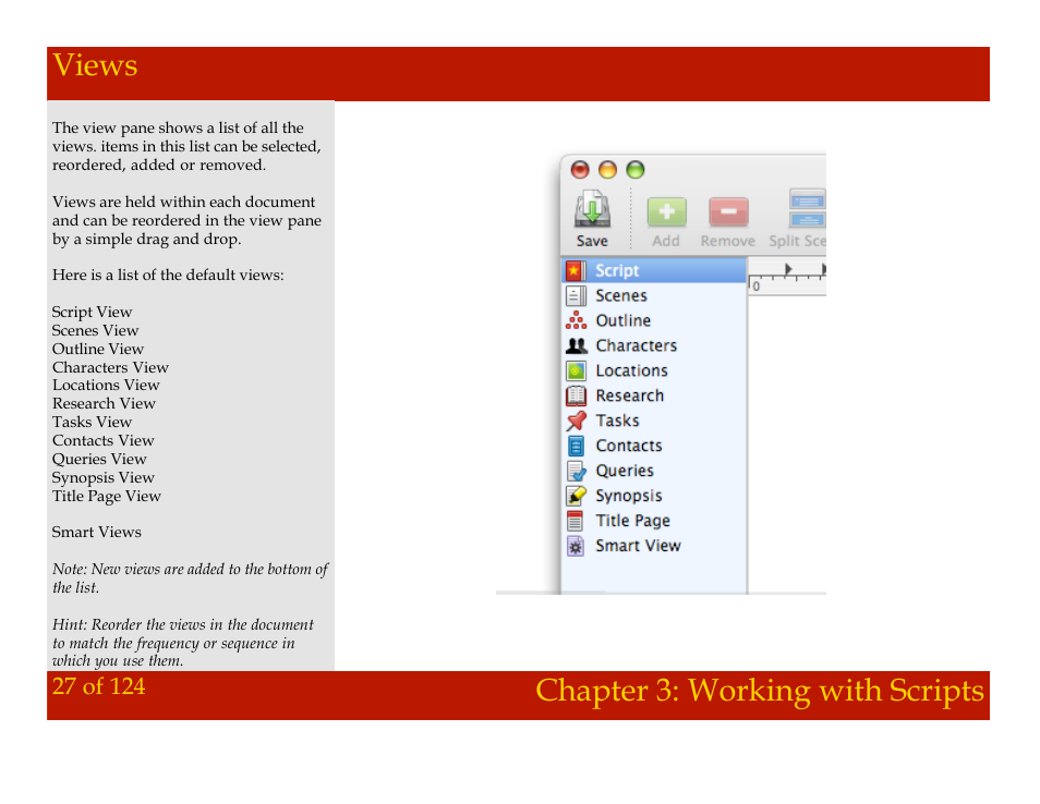 Views, Chapter 3: working with scripts views, Chapter 3: working with scripts | Mariner Software Montage for Mac User Manual | Page 27 / 124